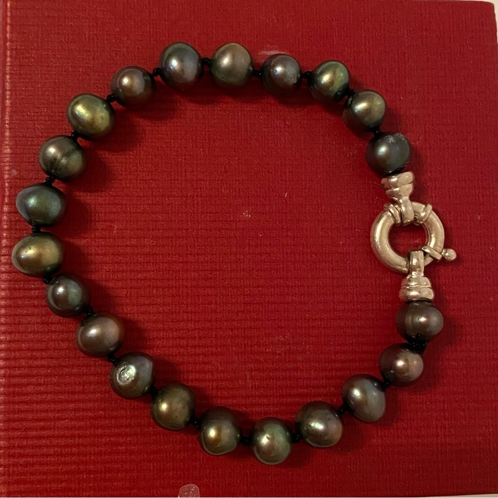 BRACELET BEADS GRAY PEACOCK FRESHWATER PEARLS STERLING SILVER 925 CLASP 7.5” - Picture 2 of 9